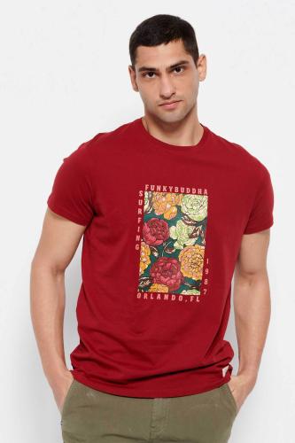 Funky Buddha ανδρικό T-shirt με framed floral print και logo patch στο πλάι - FBM007-051-04 Μπορντό